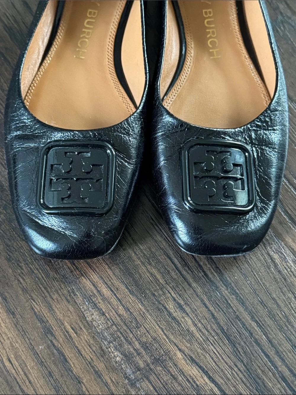 Tory Burch Black Leather Square-Toe Logo Flats